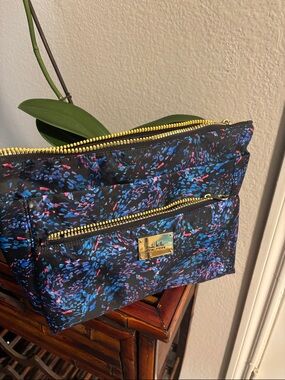 Nicole Miller Black Floral Print Cosmetic Bag with Blue and Pink Accents